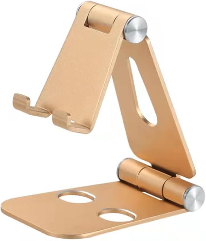 Adjustable Phone Stand, Premium Aluminum Foldable Desktop Holder in Black, Silver, Gold, Rose Gold with Dual-Hinge Design for Phones, Tablets (Gold)