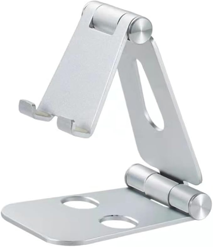 Adjustable Phone Stand, Premium Aluminum Foldable Desktop Holder in Black, Silver, Gold, Rose Gold with Dual-Hinge Design for Phones, Tablets (Silver)