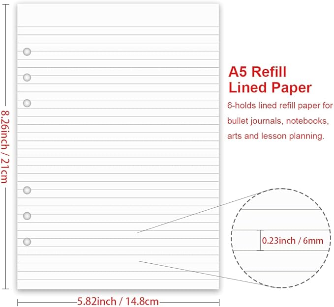 A5 Lined Paper Refill, 100 Sheets/200 Pages Refill Paper for Large Leather Journal/Filofax Binders, 6 Holes Punched, 100gsm Ruled White Filler Paper, 5.8'' x 8.2''