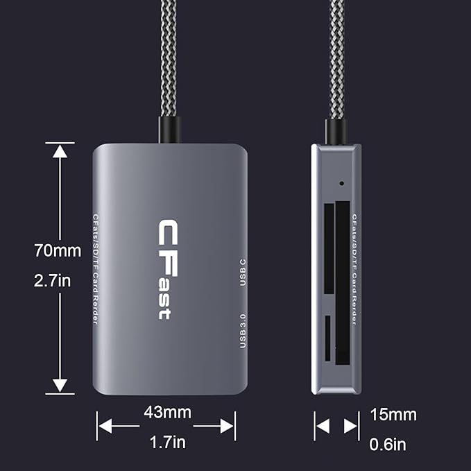 CFast Card Reader, Aiyingmei 1 in 2 CFast 2.0 Card Reader USB to USB C/USB A Cable Compatible with Windows/Mac/Linux/Android (1 in 2)