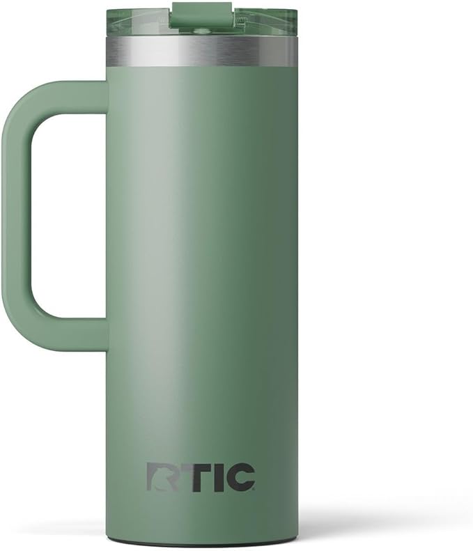 RTIC 20oz Road Trip Travel Mug with Lid and Handle, Ceramic Lined, Insulated, Stainless Steel, Metal, Double Wall Vacuum-Insulation, Portable Coffee, Tea Cup for Hot and Cold Drink, Sage