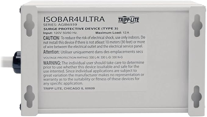 Tripp Lite ISOBAR4ULTRA Isobar 4 Outlet Heavy Duty Power Strip Surge Protector, 3330 Joules, 6ft Cord, Flat Plug, Metal Power Strip, Industrial Garage Work Shop Bench, Under Desk and Wall Mountable