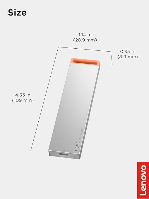 Lenovo PS8S 512GB Portable SSD, Up to 1050MB/s Read, 1000MB/s Write, USB 3.2 USB-C, Slim Lightweight (40g) Aluminum Body, Reliable Storage for PC/Mac & Android