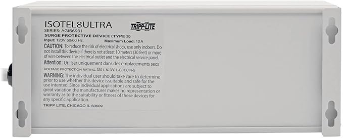 Tripp Lite Isobar 8 Outlet Surge Protector Power Strip, 12ft. Cord, Right Angle Plug, 3840 Joules, Diagnostic LEDs, Tel/Fax/Modem, Metal, (ISOTEL8 ULTRA) , Gray