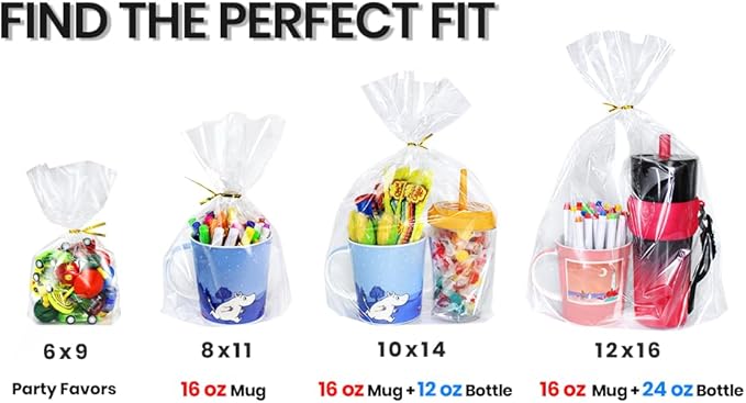 PigPotParty Cellophane Treat Bags 6"x9", 50 Pack Clear Goodie Bags, Bottom Gusset for Stand-Up Display, Small Plastic Gift Wrap for Cookies, Candy, Party Favors, Popcorn, Includes 50 Gold Ties