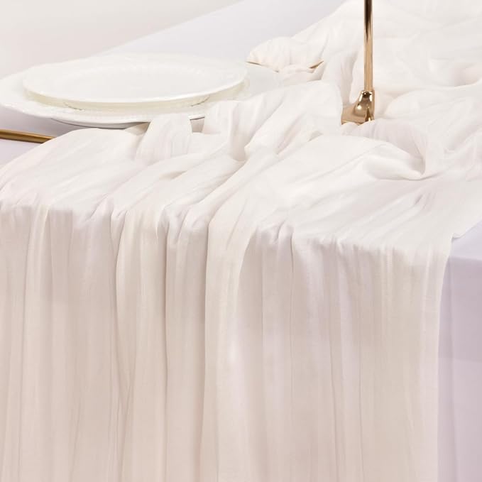 Socomi 15pcs Ivory White Cheesecloth Table Runner Fall Thanksgiving Boho Rustic Gauze 120 inch 10FT Cheese Cloth Runner for Wedding Party Baby Shower Birthday Home Decor Holiday Decorations