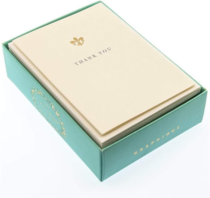 Graphique Fleur de Lis La Petite Presse Boxed Thank You Notes - 10 Embossed and Embellished Gold Foil Fleur de Lis Thank You Cards with Matching Envelopes, 3.25" x 4.75"