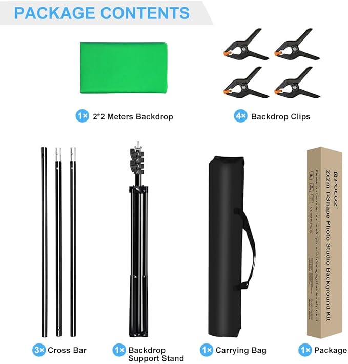 PULUZ Green Screen Backdrop Kit with Stand, 6.5X6.5ft Portable Green Screen Stand kit, GreenScreen Background with Stand Carrying Bag Clamp for Photoshoot, Photography Video, Live Streaming