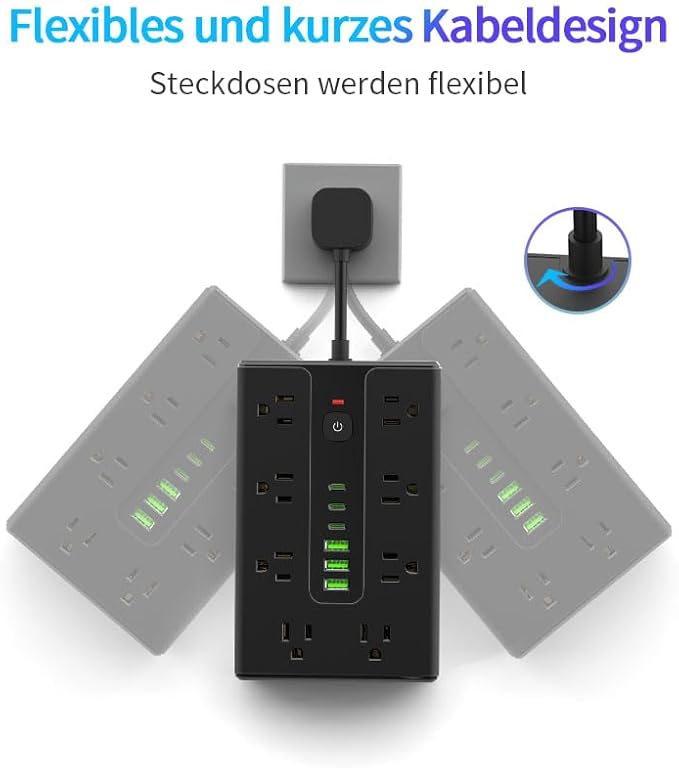 Power Board Surge Protector with 16 sockets, Equipped with 3 USB A and 3 USB C Ports, Suitable for Various Devices, Including Home, Office, and Dormitory (black6.5FT)
