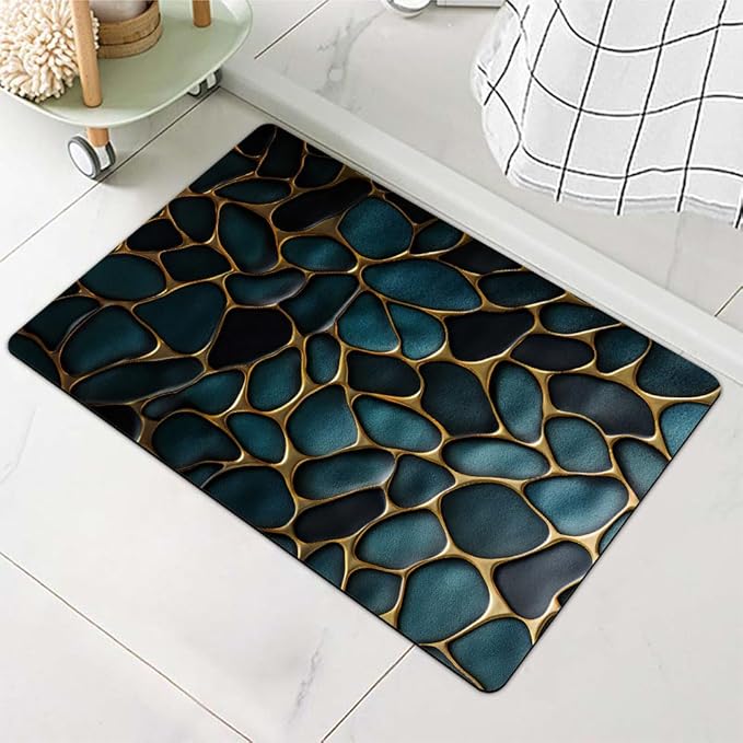 Diatomaceous Earth Bath Mat,Blue and Gold Stones Non-Slip Volume Super Absorbent Fast Drying for Bathroom Kitchen mat,Eco-Friendly Easy to Clean 20×31Inch (50 * 80cm)