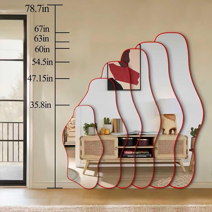 Irregular Mirror Full Length, 67"x31" Red Asymmetrical Tempered Glass Mirror, Large Organic Frameless Wall Mirrors for Entryway Hallway Bedroom Living Room, Horizontal or Vertical Hanging