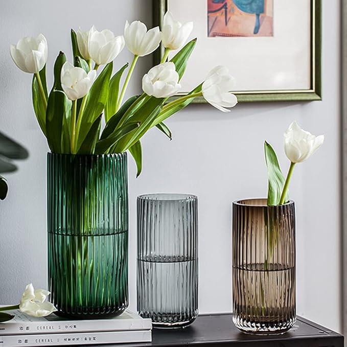Muyan 7.5" Flower Vase for Decor Ribbed Glass Vase Modern for Centerpieces Desktop Home Office Dining Living Room Wedding (Green)