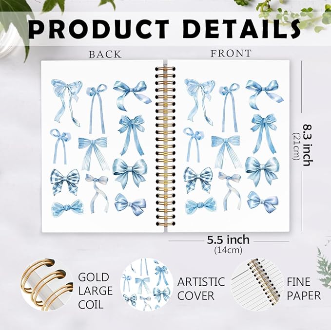 dvhdajed Blue Bow Spiral Notebook, Coquette Journaling Notebooks, Preppy Bow Spiral Journal for Girls Women Teen Girls, Blue Preppy Office School Supplies Gifts, 5.5x8.3 Inch