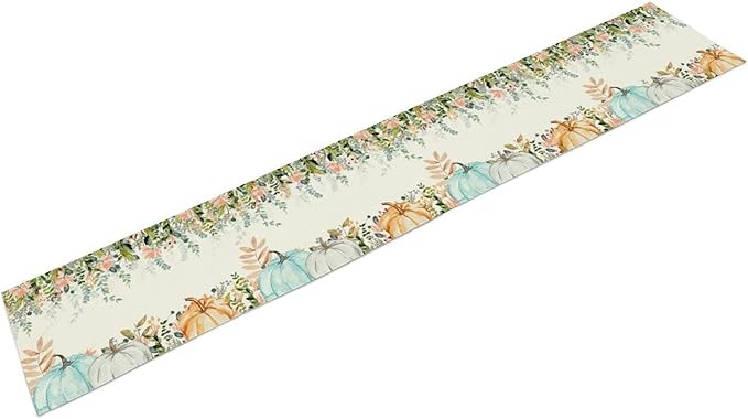 Fall Table Runner Blue Pumpkin Colorful Eucalyptus Leaves Thanksgiving Orange Green Watercolor Illustration Decor for Farmhouse Indoor Outdoor Party Holiday Dining Kitchen Restaurant Cafe W13xL36in