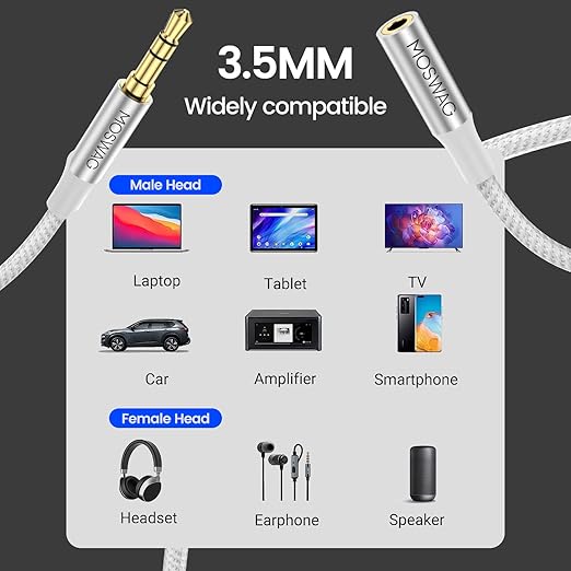 MOSWAG 3.5mm Extension Cable 16.4FT/5M Audio Male to Female Stereo Extension Adapter Nylon Braided Cord Compatible for Home/Car Stereos Smartphones Headphones Tablets Media Players and More