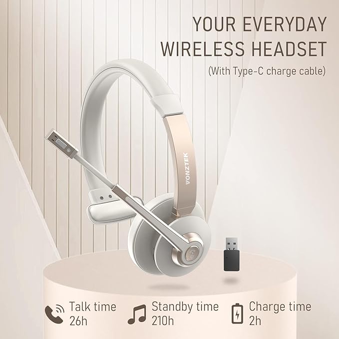 Vonztek Wireless Headset, Trucker Bluetooth Headset with Microphone Noise Canceling & Mute, Bluetooth Headphones with USB Dongle for Cell Phone Computer Call Work Home Office Meetings Teams Skype