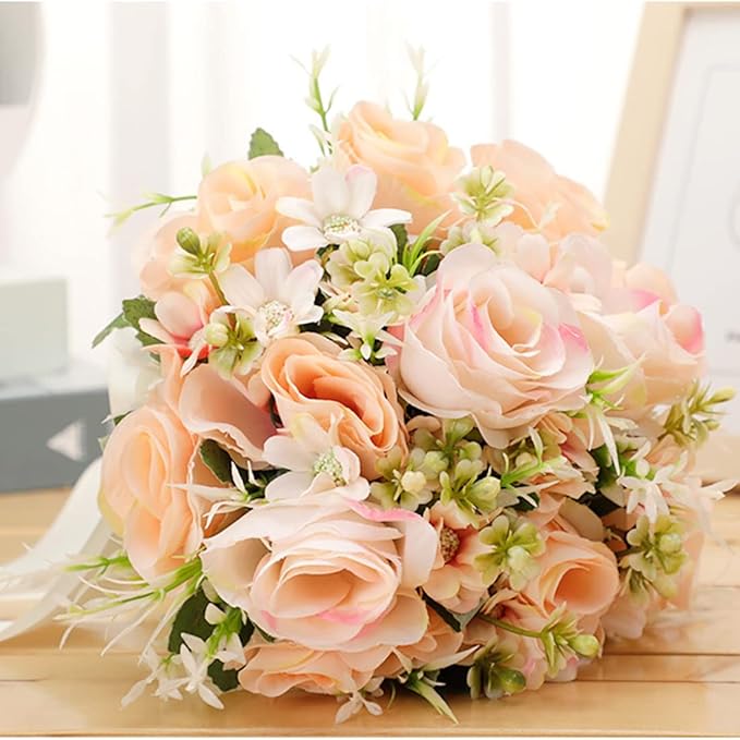CYANLUX Wedding Bouquets for Bride Bridesmaid Bouquet Champagne White Artificial Roses Flowers for Wedding Valentine's Day Church Home Decoration (Champagne)ā¦