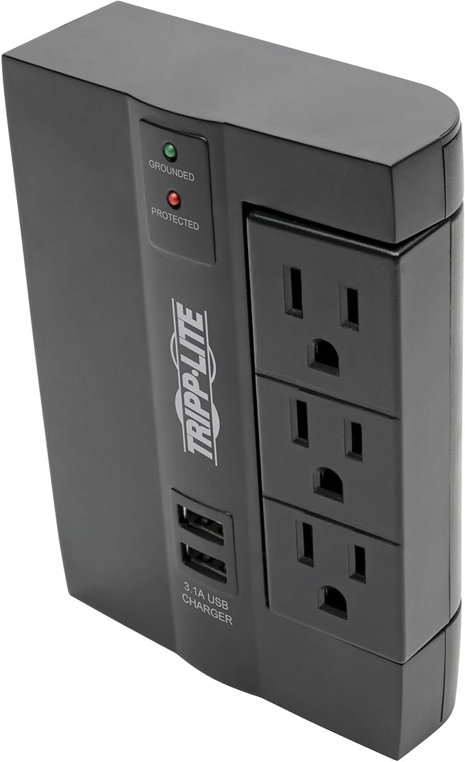 TRIPP LITE 6 Outlet Surge Protector Power Strip, 3 Rotatable Outlets, Wall Tap/Direct Plug in, 1200 Joules, 2 USB Charging Ports, Limited Warranty & $20, 000 Insurance (SWIVEL6USB), Black