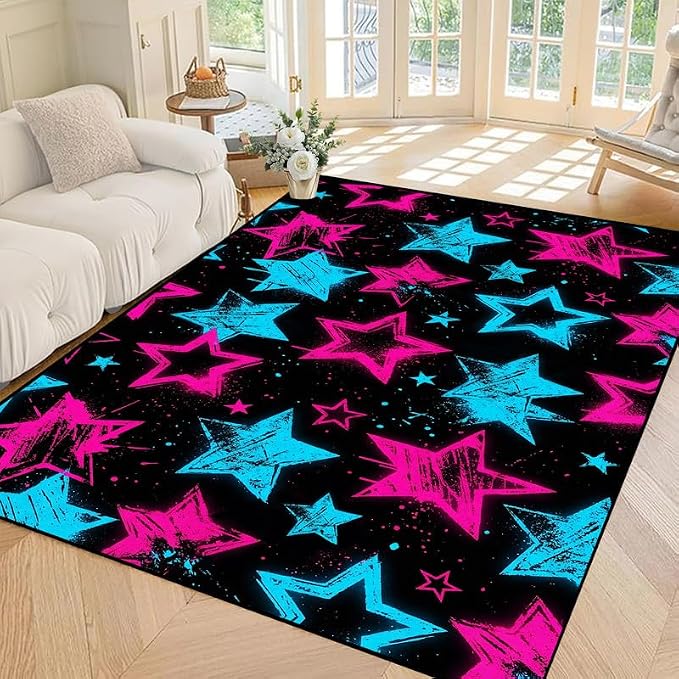 3'x5' Neon Star Area Rug Black Pink and Blue Floor Mat Abstract Star Print Rugs Washable Non-Slip Carpet for Entryway Bedroom Living Room Nursery Kitchen Playroom Home Decor