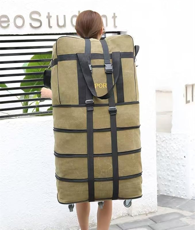 Expandable Extra Large Travel Canvas Duffel Bag with Wheels Lightweight Traveling Foldable Suitcase (Black Canvas, XL - 6 wheels)