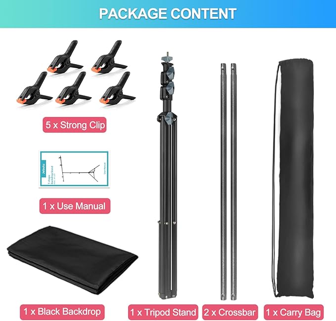 Black Backdrop Background with Stand for Photoshoot, 5x6.5ft Black Photo Backdrop Curtain Cloth with Background Support Stand, 5 Spring Clamps& Carrying Bag for Party Photography Video Studio