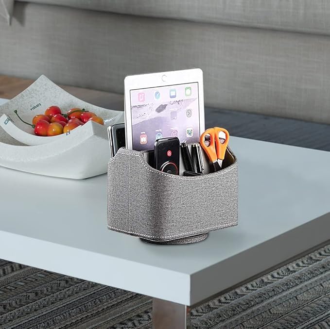 Arniche PU Leather Remote Control Holder,360 Degree Spinning Desk TV Remote Caddy,Desk Organizers and Accessories,for Controller,Media,Mail,Calculator,Mobile Phone,Pen Storage Holder (Gray Cloth)