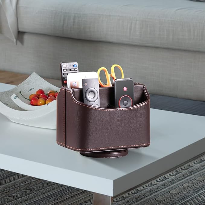 Arniche PU Leather Remote Control Holder,360 Degree Spinning Desk TV Remote Caddy,Desk Organizers and Accessories,for Controller,Media,Mail,Calculator,Mobile Phone,Pen Storage Holder(Brown Lychee)