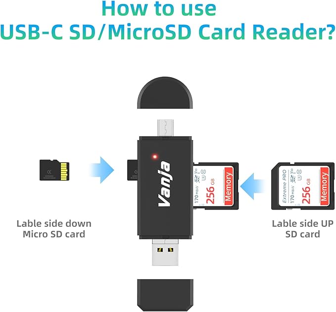 Vanja SD Card Reader, High-Speed USB Type A & Type C to Micro SD Card Adapter for SD, SDHC, SDXC, Micro SDXC | Compatible with iPhone 17/16/15, MacBook Pro/Air, iPad Pro, Smartphone