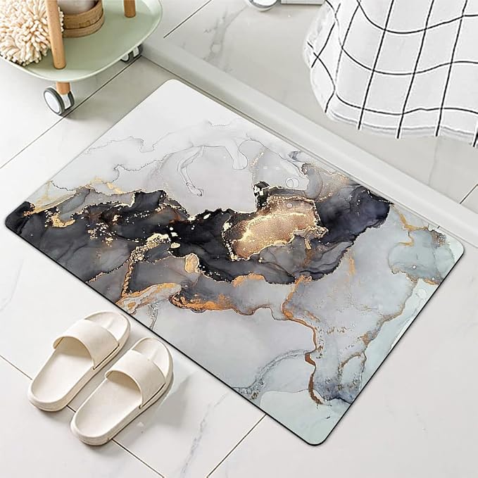 Diatomaceous Earth Bath Mat,Grey Gold Marble Non-Slip Volume Super Absorbent Fast Drying for Bathroom Kitchen Door mat,Eco-Friendly Easy to Clean 20×31Inch (50 * 80cm)