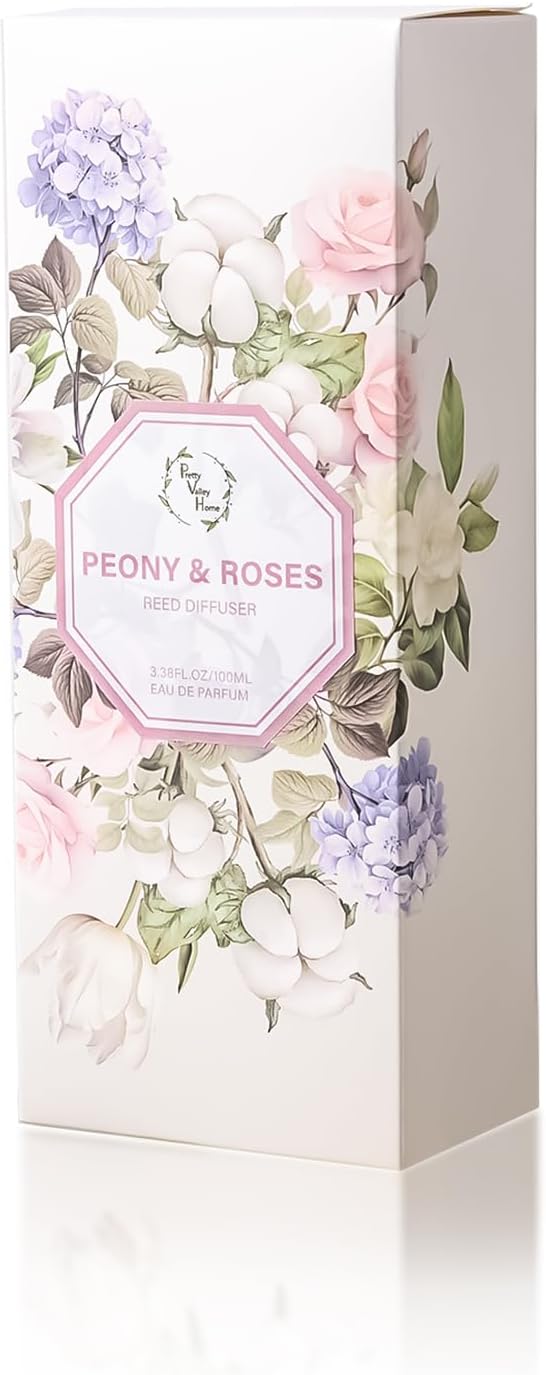 Orelune Reed Diffuser Set, 3.4 fl oz - Elegant Home Fragrance with 5 Sticks - Long-Lasting Scented Oil Diffuser for Bedroom, Bathroom Shelf Decor & Living Room (Peony & Roses)