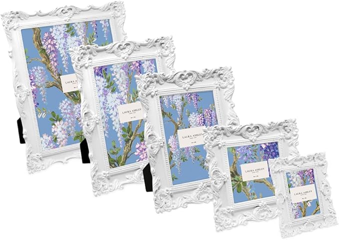 Laura Ashley 5x7 White Ornate Textured Hand-Crafted Resin Picture Frame with Easel & Hook for Tabletop & Wall Display, Decorative Floral Design Home Décor, Photo Gallery, Art, More (5x7, White)