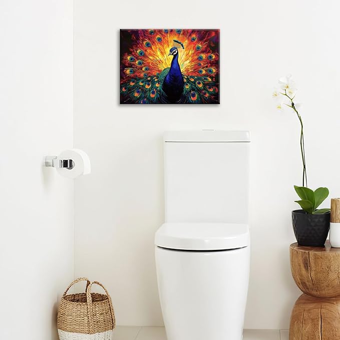 Peacock Wall Art, Elegance Peacock Pictures Wall Decor, Colorful Animal Canvas Prints Painting, Framed Artwork For Bathroom Living Room Office Bedroom Dining Room 16"X12"