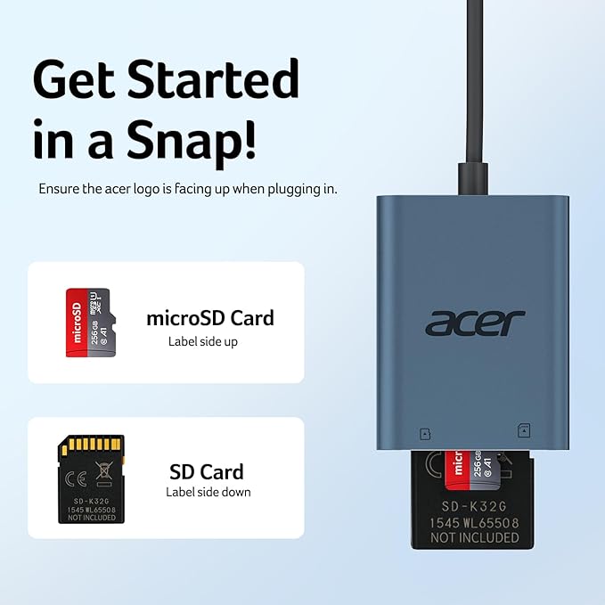 Acer SD Card Reader USB C, Dual Slots Type C to Memory Card Reader, Aluminum Micro SD Card Camera Adapter for MicroSD, SDHC, SDXC, Compatible with iPhone16/15, MacBook, Android, Laptop-Midnight
