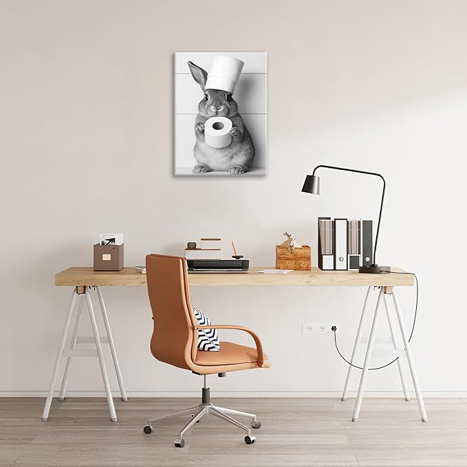 Bunny Bathroom Wall Art, Rabbit Pictures Wall Decor, Animal Canvas Prints Painting, Framed Artwork For Bathroom Living Room Bedroom Office Dining Room 24"X16"