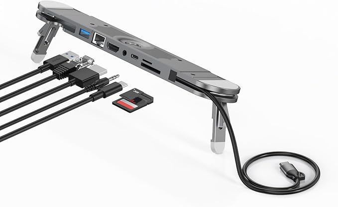 Aluminum USB C Laptop Stand 7 Port Expansion Adapter 4K60Hz 100W Charging Gigabit Ethernet Card Reader Foldable Computer Type C Docking Station