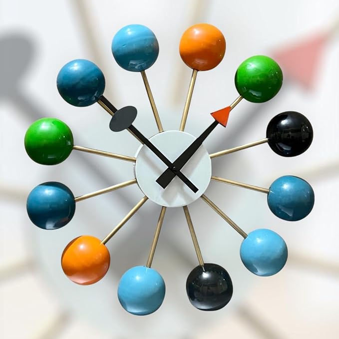 Mid Century Modern Ball Clock – George Nelson Style Wooden Wall Clock, Retro Starburst Design, Silent Non-Ticking Decorative Wall Decor for Living Room, Office, Kitchen & Home (Multi Color, 18 Inch)