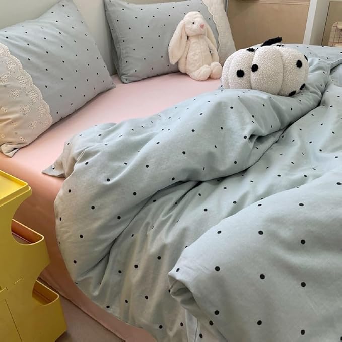 LifeTB Lace Comforter Set Full Size Cute Black Dots Bedding Set Lightweight Soft Girls Princess Style Comforter with 2 Pillowcases Romantic Lace Design Chic Polka Dots Comforter Set for All Seasons