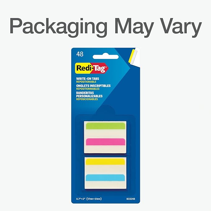 Redi-Tag Write On Tabs, Removable Index Tabs, Customizable Adhesive Labels, 4 Assorted Colors: Yellow, Green, Pink, Blue, 0.7" x 2", 48 Per Pack (B33248)