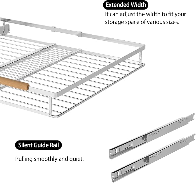 Expandable Pull Out Cabinet Organizers,Slide Out Drawers Adjustable Width W:16.9”-28” x D:22.2”,Heavy Duty Chrome Plated Gliding Cupboard Shelves for Kitchen,Pantry,Under Sink or Closet,2 Packs