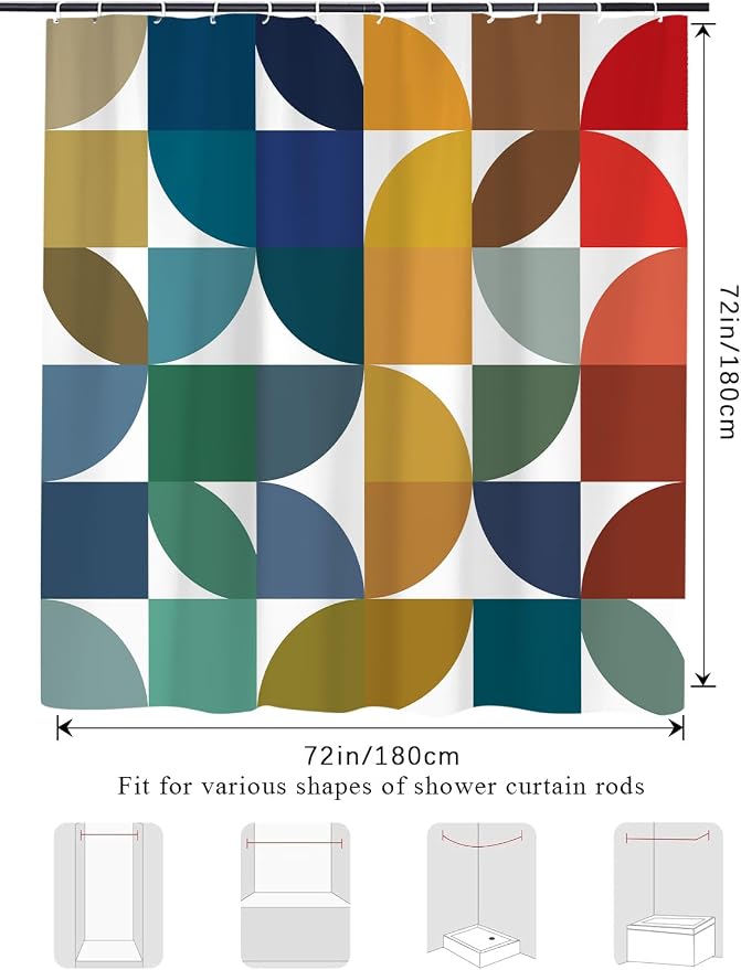 Colorful Mid Century Modern Shower Curtain, Boho Abstract Geometric Retro Art Shower Curtains for Bathroom, Rainbow Unique Cute Pattern Polyester Fabric Bathroom Set 12 Hooks 60X72IN