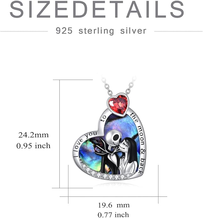 LILALO Christmas Gifts Nightmare Necklace Sterling Silver Abalone Shell Crystal Jack and Sally Necklace Jack Skellington Skull Jewelry Skull Necklaces for Women