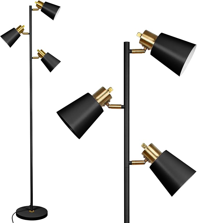 Tree Floor Lamp for Living Room, Industrial 3-Light Standing Lamp with 3 LED Bulbs, Adjustable Rotation Heads, Standing Tall Pole Lamp Farmhouse Rustic Reading Lamps for Bedroom Office (Black Gold)