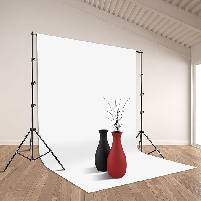 Photo Background Support System with 8.5 x 10ft Backdrop Stand Kit, 100% Cotton Muslin Backdrop (White Black),Clamp, Carry Bag for Photography Video Studio