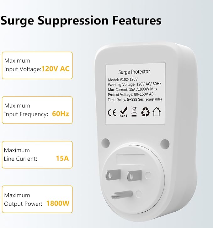 BSEED Voltage Protector Electronic Surge Protector Outlet, 1800W Wall Surge Protector for Refrigerator, TV, PC, Home Appliance, Voltage Regulator with LED Display Screen, Adjustable, 15A, 120V, 1 Pack