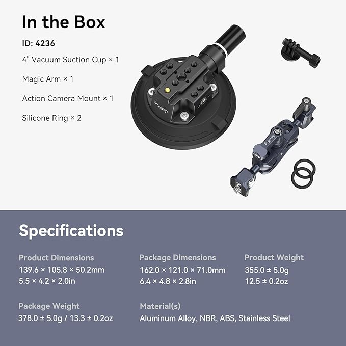 SMALLRIG 4" Camera Suction Mount with Ball Head Magic Arm, Car Mount for Lightweight Camera/Action Camera/Phone, Air Pump Vacuum Suction Cup, Max Load 3kg/6.6 Pound - 4236