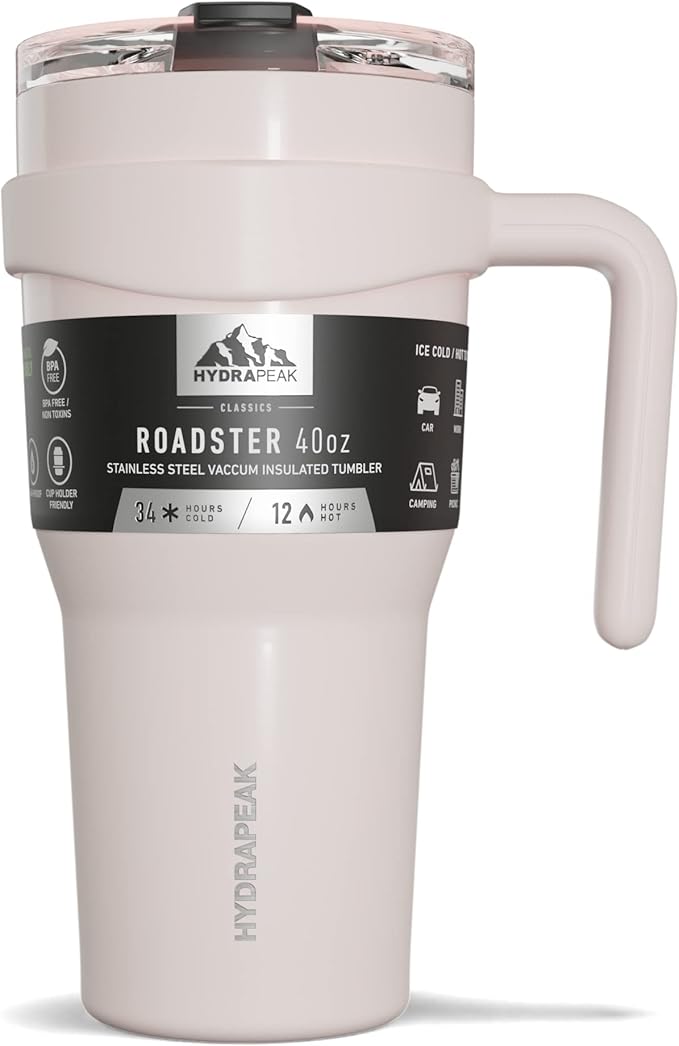 Hydrapeak Roadster 40oz Stainless Steel Tumbler Double Wall Vacuum Insulated Water Bottle With Handle And 2 in 1 Straw Lid (Seashell)
