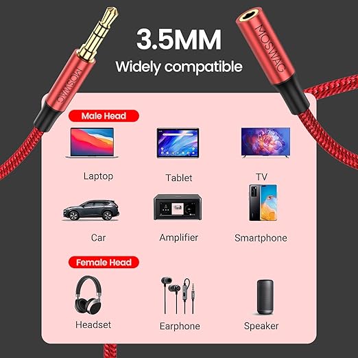 MOSWAG 3.5mm Extension Cable 6.6FT/2Meter Audio Male to Female Stereo Extension Adapter Nylon Braided Cord Compatible for Home/Car Stereos Smartphones Headphones Tablets Media Players and More