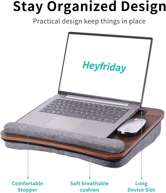 Heyfriday Home Office Lap Desk with Wrist Rest Laptop Bed Desk for Notebook, Laptop, Tablet, Lap Stand with Tablet, Phone Holder Fits Up to 14 Inch Laptops (Brown)