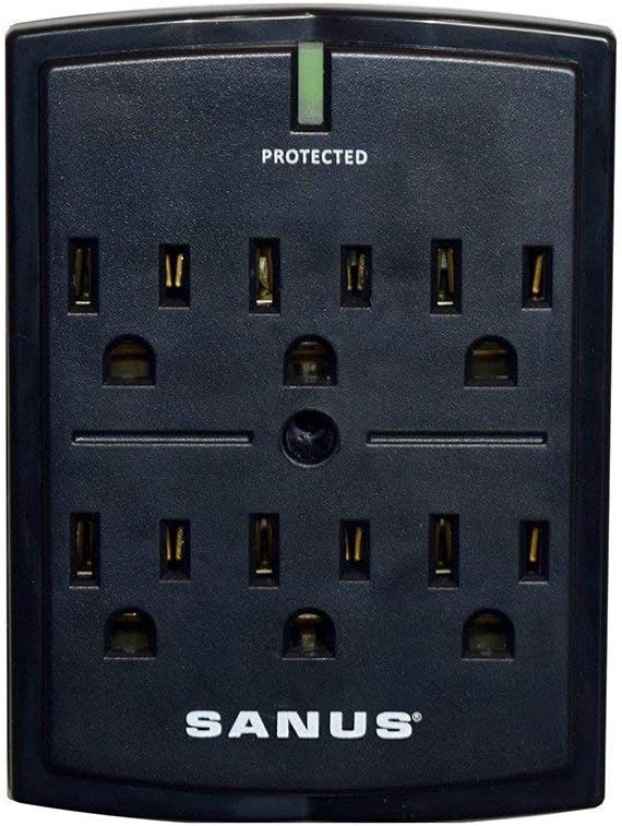 SANUS On-Wall Low Profile 1080J Fireproof Surge Protector with 6 AC Outlets & 3 Lines of Protection - Includes Power Signal Filtering Black