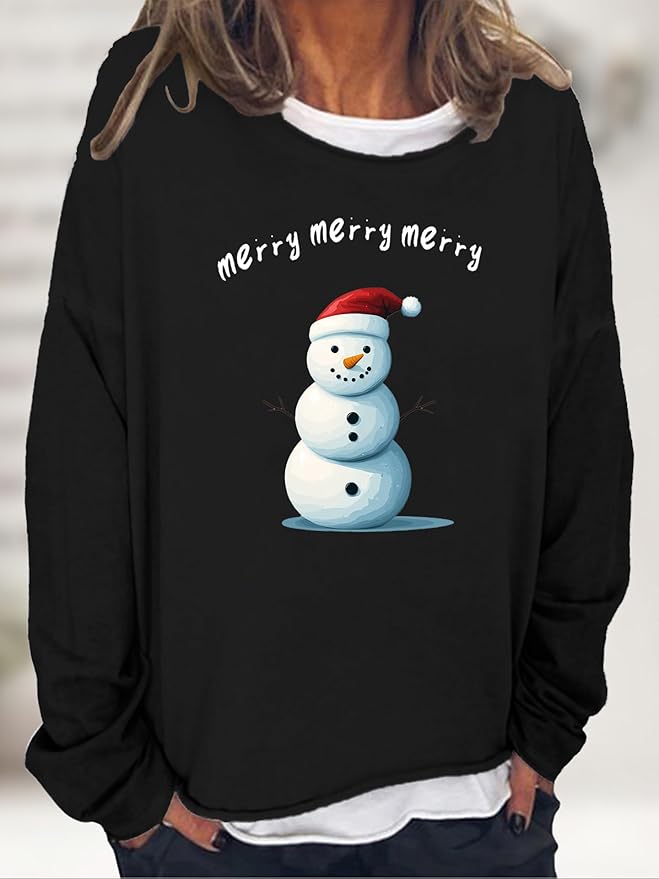 LOAIHA Christmas Shirts for Women Crewneck Snowman Snowflake Santa Graphic Shirts Christmas Tree Long Sleeve Xmas Hoodie